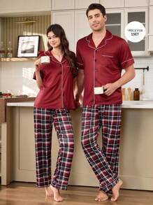 2pcs Casual Plaid Print Matching Couple Homewear Set - Burgundy - View 1