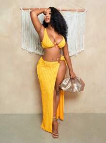 BamGleam 女式性感纯色上衣和开叉大腿性感无袖短裙 2 件套 - 黃色 - 查看 1