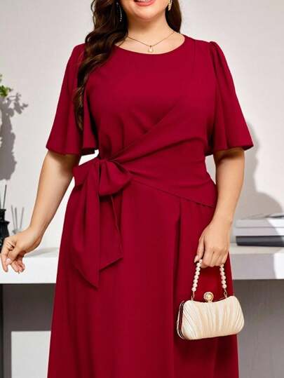 Enliva Plus Size Elegant Solid Color Tie Wrap Dress,Business Casual Woman