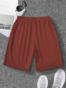 Manfinity Homme 男士加大码字母贴片抽绳腰短裤外出膝盖短裤，适合丈夫、男朋友的礼物粉色短裤男士慢跑短裤 - 紅木色 - 查看 2