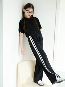 Tween Girls Casual Basic Loose Drop-Shoulder Bat-Wing Sleeve Sweatshirt & Sweatpants Set - Black - View 4