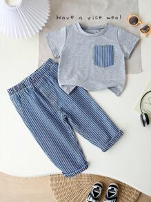 SHEIN 2pcs/Set Baby Boys Spring/Summer Outfit, Fresh & Energetic Combination, Pure White Round Neck Short Sleeve Top Paired With Blue & White Striped Denim Pants, Simple Style With Fashionable Details, Comfortable Fit, Suitable For Outings, Casual Wear, Gatherings And More - Grey - View 3
