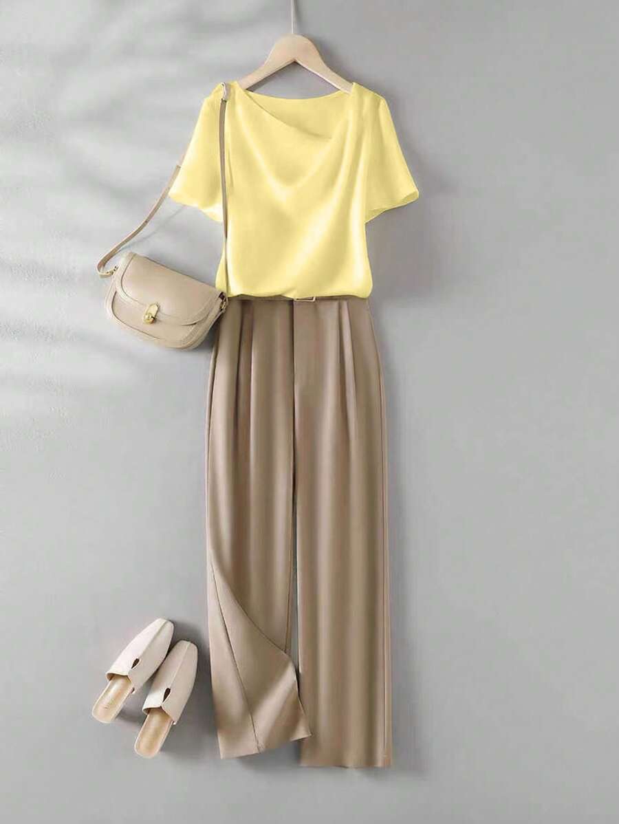 SHEIN LUNE 2pcs/Set Women Spring Casual V-Neck White Shirt And Khaki Pants - Yellow - View 1