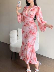 DAZY Damen Kleid mit Blume Muster und Bindung an der Taille, Meerjungfrauen-Stil - Babypink - Übersicht 5