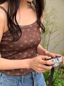 DAZY 女士棕色自然风碎花休闲吊带背心，学院风上衣，外出上衣 - 棕色 - 查看 7