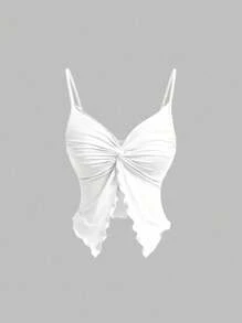 SHEIN MOD 女士纯色扭结前开衩吊带背心，夏季上衣，吊带衫，可爱上衣，黑白吊带衫，热带风情，辣妹风，露背，性感，妩媚，外出上衣 - 黑與白 - 查看 7