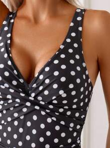 Swim Basics 1pc Women's Polka Dot Print Crossed Design One-Piece Swimsuit, Vacation For Summer - Multicolor - View 3