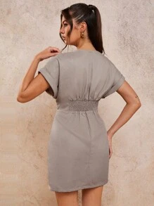 COSMINA 女士优雅度假V领宽袖束腰迷你连衣裙，春夏 - 灰色 - 查看 2