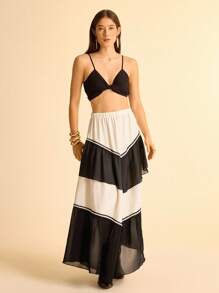 CAJUNI Women's Boho Style Summer Vacation Beach Casual Tropical Color Block Long Skirt, Layered Contrast Color Trim Skirt