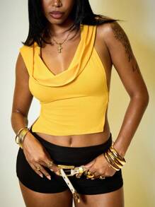 ROMWE Street Life Cali Girl Sporty Draped Neck Racerback Sexy Backless Tank Top For Women - Yellow - View 4