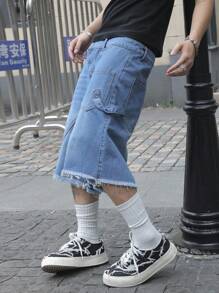 Manfinity EMRG Pantaloni scurți din denim pentru bărbați, cu tiv zdrențuit, lejeri, casual, de 5 inci