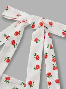 SHEIN Parte superior de punto acanalado de cuello halter con recogido lateral, decorada con moño y estampado floral pequeño, para vacaciones, para niña preadolescente - Blanco - Ver 4