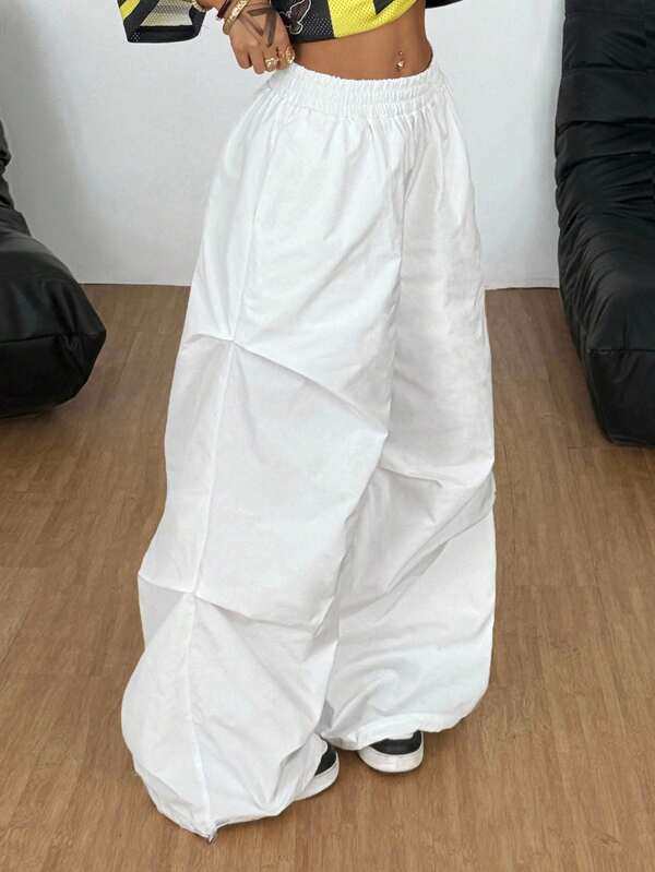 Coolane Women's Casual White Woven Loose Elastic Waist Wide Leg Pants, Simple And Minimalist