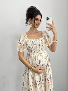 Momance Maternity Floral Print Puff Sleeve Knee Length Drawstring Waist Dress For Vacation - Apricot - View 6