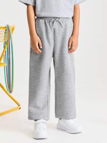 SHEIN Pantaloni sport casual, simpli, confortabili, cu talie medie, cu tiv elastic, pentru băieți Tween - Gri - Vizualizare 2