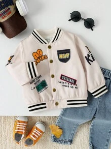 SHEIN Jaket Gaya Varsity untuk Balita Usia 0-3 Tahun, Mantel Baseball Bayi dengan Motif Huruf Kartun Lucu, Manset Bergaris dan Kancing Jepret di Bagian Depan, Pakaian Luar Kasual Musim Semi dan Gugur - Aprikot - View 7