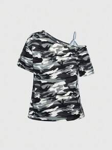 ROMWE Grunge Punk Áo thun nữ Gothic Wings Camo Print Rhinestone trang trí vai xiên rộng rãi 2 trong 1 - Xám - Xem 2