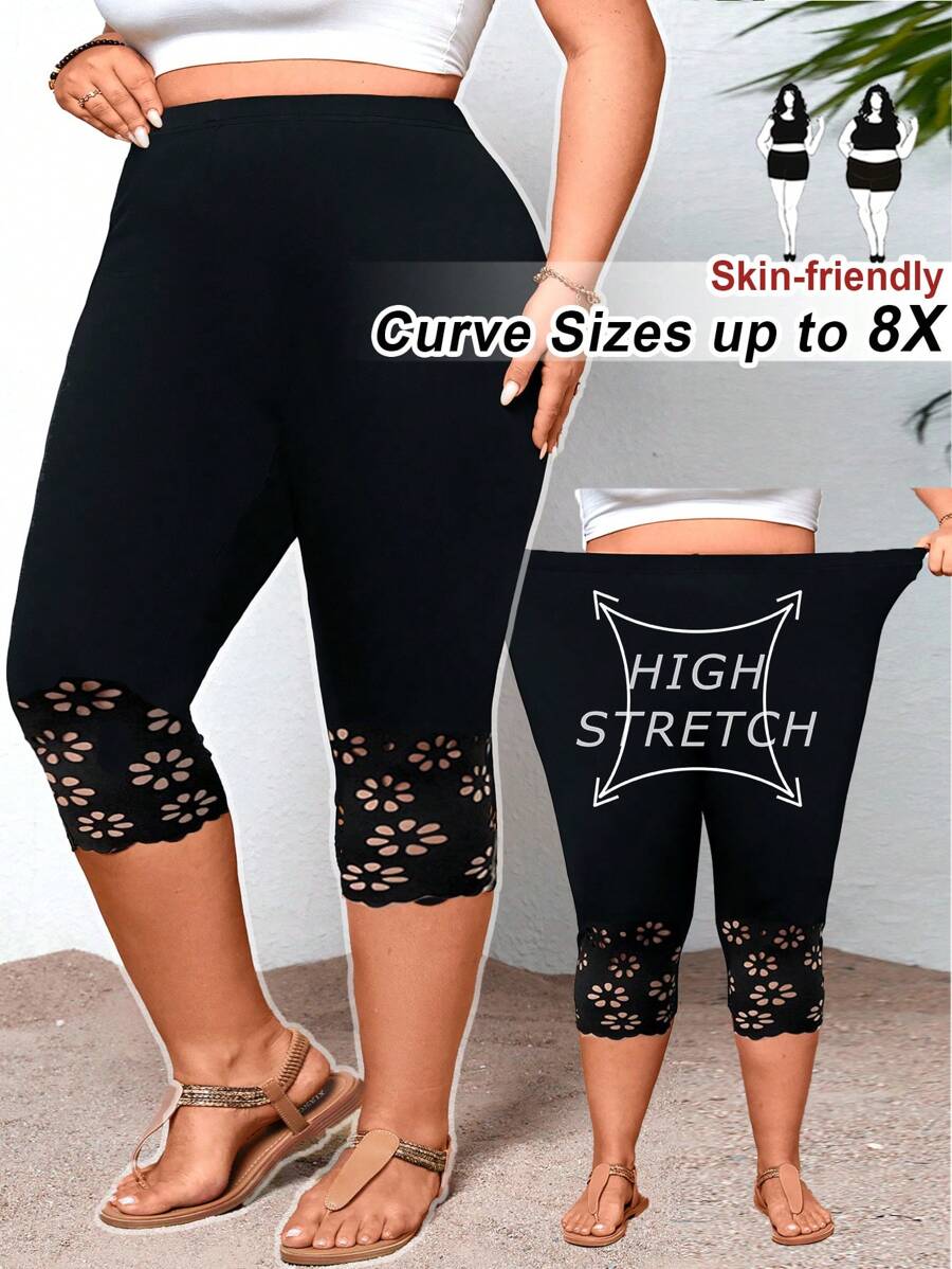 SHEIN CURVE+ 加大码女士黑色七分休闲打底裤,简约时尚,适合夏季、度假和日常休闲穿着。 - 黑色 - 查看 1