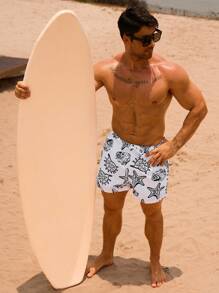 Surfspeed Men's Starfish Print Drawstring Waist Beach Shorts - Black - View 2
