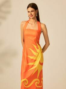 CAJUNI 女式夏季度假海滩休闲热带波西米亚风格橙色波浪印花露背中长连衣裙 - 彩色 - 查看 7