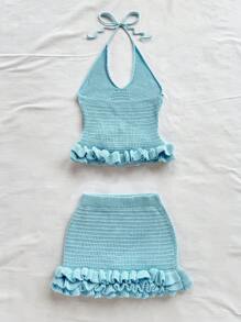 SHEIN WYWH 2件套：高领荷叶边镂空纹理针织上衣和秋冬迷你裙 - 淺藍色 - 查看 2