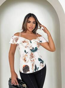 SHEIN LUNE 女士优雅花卉印花露肩吊带背心，夏季 - 彩色 - 查看 5