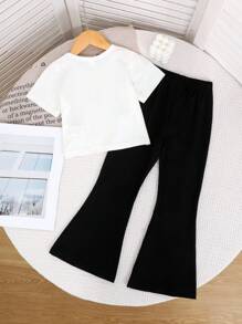 2pcs Girls Casual Comfortable Black Bow Decor Round Neck Short Sleeve T-Shirt & Milk Silk Flared Pants Set - Black and White - View 2