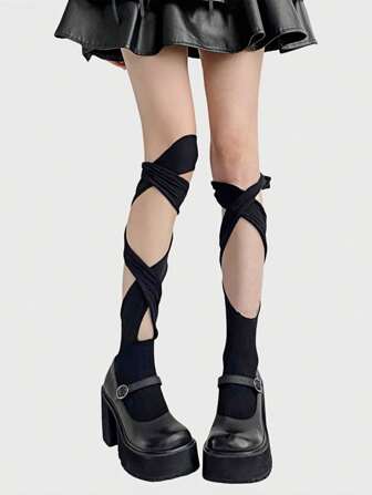 Anime Calentadores de piernas asimétricos de estilo punk Y2K con cintas cruzadas, calcetines largos ajustables de unicolor por encima de la rodilla para mujer