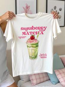 Camiseta de mujer de manga corta con cuello redondo, estampado de fresa, matcha y letras, de moda - Blanco - Ver 3