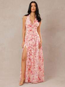 L'Amorae 女式节日花卉印花荷叶边下摆无袖侧开衩连衣裙