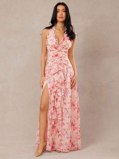 L'Amorae Women's Holiday Floral Print Ruffle Hem Sleeveless Side Split Neck Dress