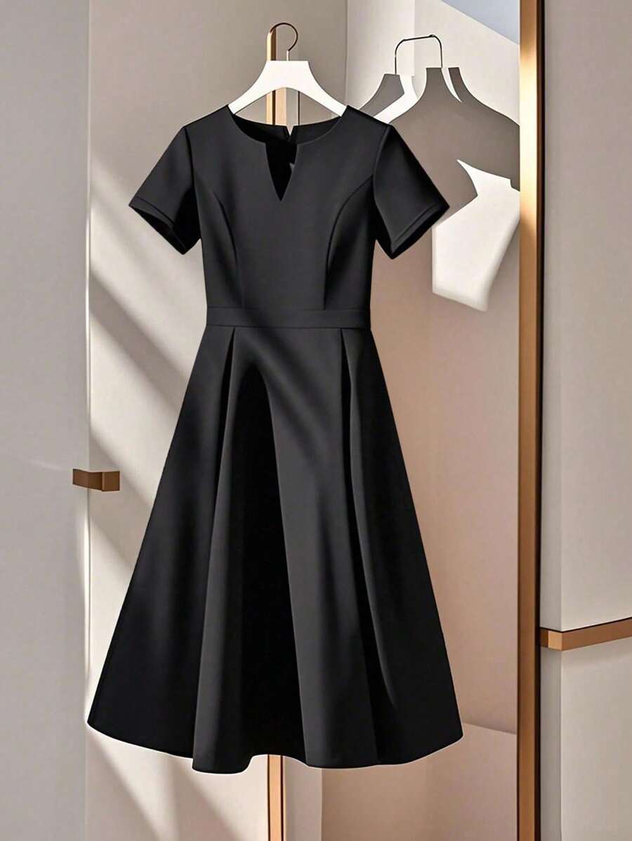 GlowEve CURVE Plus Size Elegant Solid Color Notched Neck Dress, Summer