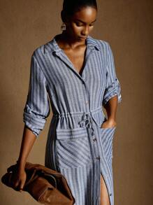 Écloséra Casual Temperament Elegant Fashionable Simple Commuting Daily Versatile Stylelapel Long-Sleeved Cardigan Large Pockets Loose Waist Drawstring Non-Elastic Yarn-Dyed Blue Stripes Ladies' Four Seasons Dress Vintage Vintage Clothes Women Vacation Dress Fall Cloth For Women