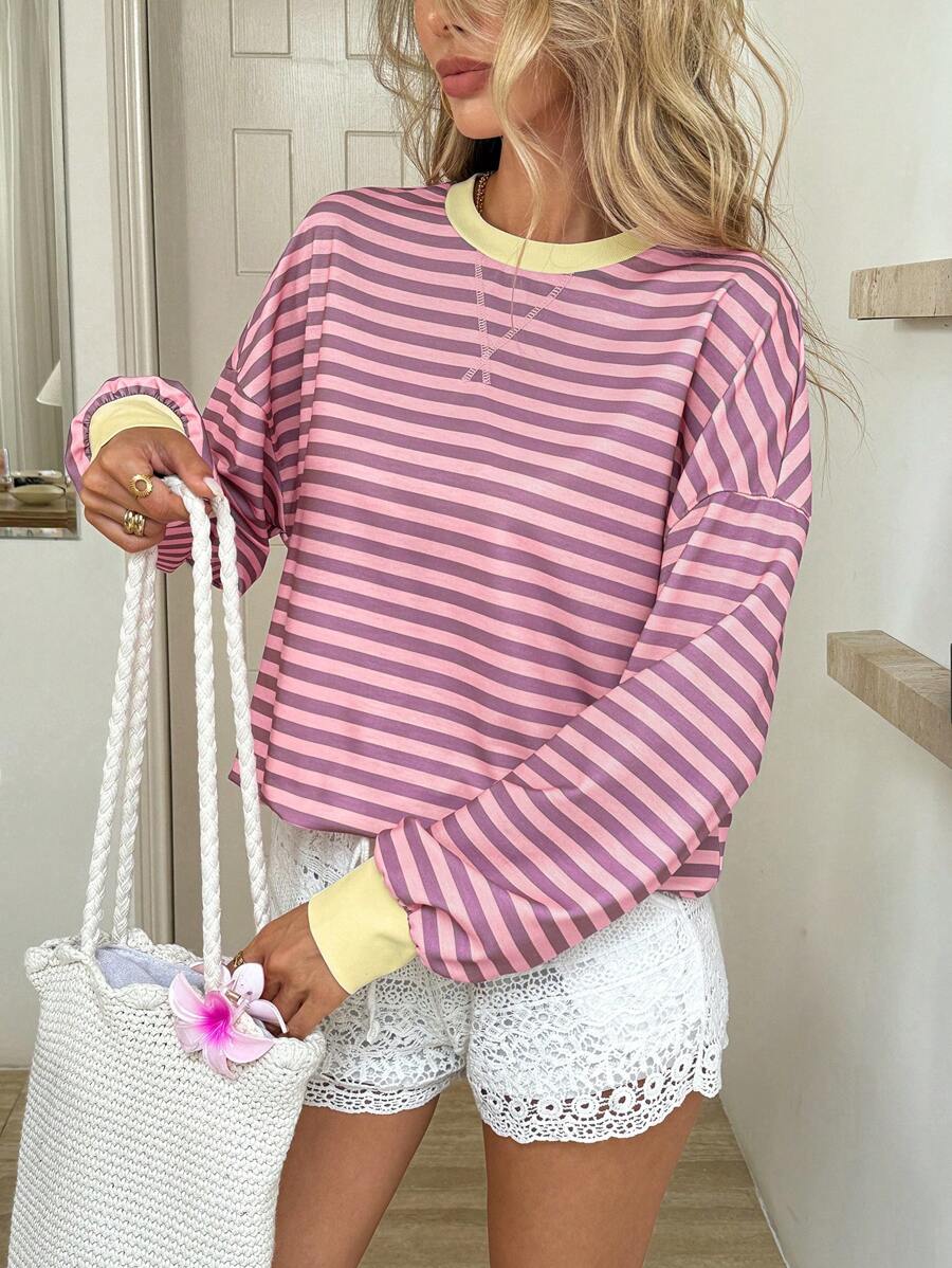 Easowa Lässiger farbblockgestreifter Rundhals-Sweatshirt für den Alltag und Ausgehen, Herbst/Winter Schule Halloween Herbst Frauen Grafik T-Shirts Frauen Lehrer für Frauen Süße Tops Ausgehen Tops Frauen Herbst Schule Halloween Ausgehen Tops Schule Herbst Herbst Herbst für Frauen Lehrer - Verschiedenfarbig - Übersicht 1