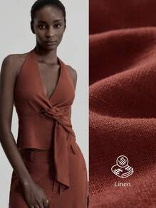 Ontre 2025 Women's Sexy Twist Back Halter Neck Top, Suitable For Independence Day, Vacation, Beach, Casual, Graduation, Wedding, Memorial Day, Ball Gown, Versatile Daily Commute, 2025 Autumn/Winter Women's, Fall/Winter, Business Casual, Retro Dignified Elegant Versatile, Basic Apparel, Nashville Apparel - Burgundy - View 2