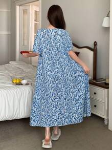 DAZY Floral Print Lightweight Short Sleeve Nightgown For Women Pajama, Moo Moo Sleep Dress - Blue - View 2