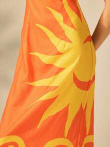 CAJUNI 女式夏季度假海滩休闲热带波西米亚风格橙色波浪印花露背中长连衣裙 - 彩色 - 查看 6