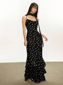 Rina Fox Women's Fitted Polka Dot Slip Dress With Elegant Flounced Hem - Black - View 4