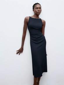 Maija 2025年夏季新款黑色细肩带褶饰腰部无袖连衣裙，商务休闲日常通勤，优雅海滩度假装、婚礼宾客装、乡村音乐节装、早午餐装、机场装，90年代复古美学