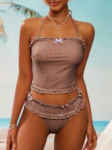 Swim Mod 女士甜美波点花卉印花露背吊带背心和比基尼套装，适合海滩度假 - 咖啡棕 - 查看 5