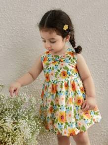 Blossori Baby Girls' Countryside Vacation Bow Decor Yellow Flower Sleeveless Dress - Multicolor - View 4