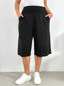 SHEIN Essnce 大码女装春夏时尚休闲宽松舒适凉爽透气日常黑色亚麻短裤阔腿裤，女式下装，简约风格，宽松裤，亚麻裤女，度假装 - 黑色 - 查看 4