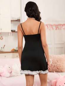 SweetSlumber 甜美蕾丝边细肩带多层女式睡袍 - 黑色 - 查看 2