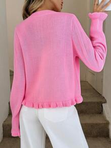 Easowa Fall Winter Women's Single Breasted Long Sleeve Casual Ruffle Trim Knit Sweater Pink Cardigan Women Pink Cropped Cardigan Back To School Business Casual Woman Office Fall Women Sweaters Fall Sweaters Women Sweaters Knit Sweater