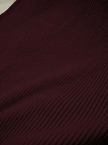 Franclia 女式优雅修身圆领短袖纽扣装饰针织连衣裙 - 酒紅色 - 查看 7