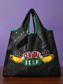 FRIENDS X SHEIN 1 pieza Bolsa de compras plegable de poliéster con estampado de taza de café, bolsa de totes, equipada con una bolsa de almacenamiento pequeña con una cadena de cuentas, que se puede colgar en un bolso, amigos, Central Perk