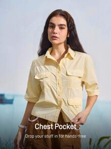 In My Nature Women's Outdoor Casual Sports Utility Button Pocket Short Sleeve Shirt - Yellow - View 3