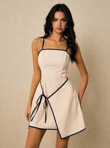 Poéselle Leinenkleid, Kleid mit Kontrastsaum, Bürokleidung für Damen, Arbeitskleidung, lässiges Mini-Unterkleid mit Bindeband vorne für Damen, schlicht und modisch, Old-Money-Stil, der Stoff ist bequem und atmungsaktiv, geeignet für den Alltag, zum Ausgehen, Pendeln, für Verabredungen, für den Urlaub usw. Poeselle