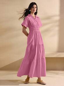 Graceveil 时尚褶饰腰部弹性设计翻领黄色连衣裙 - 粉色 - 查看 5