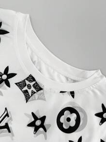 INAWLY Women's Top, Round Neck, Short Sleeve, Geometric Pattern Print Fashion 2025 New Women's T-Shirt Spring/Summer Style